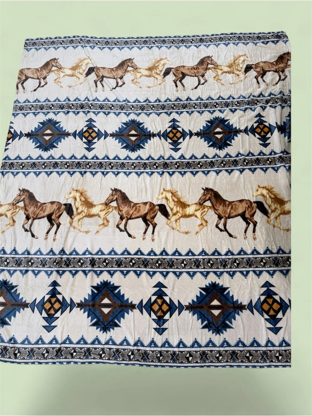 Queen Southwest tribal Aztec Horses Plush fleece Blanket - Turquoise & Brown